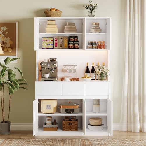 GarveeHome 71" Kitchen Pantry Cabinet, Kitchen Hutch Storage with Led Lights and Power Outlets, Buffet Cabinet with Microwave Stand, Adjustable Shelves, Handless Design, White