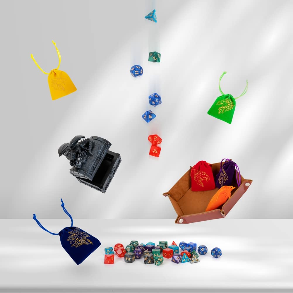 DND - Set di 42 dadi poliedrici per giochi di ruolo e giochi di ruolo da tavolo MTG, con sacchetti colorati con coulisse e vassoio per dadi (singoli)