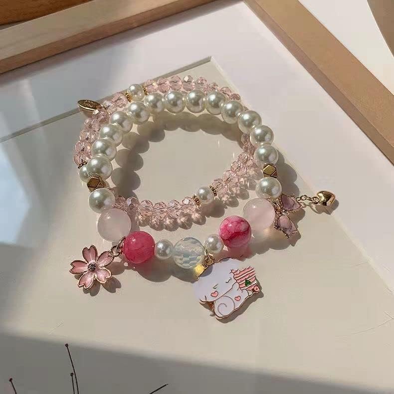 Image of Pingyongchang Elastic Cartoon Bracelets Crystal Beads Pearl Bracelets Cute Kawaii Adjustable Beaded Strand Bracelets for Women Girls Graduation Charm Bracelets Gift for Kids