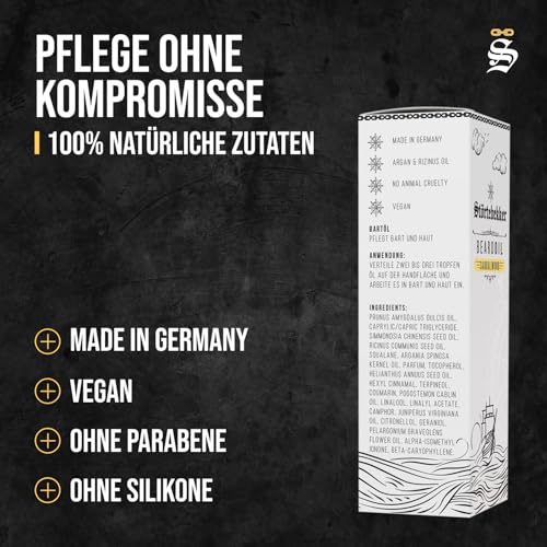 Störtebekker® Premium Bartöl Sandelholz - tägliche Bartpflege für 3-Tage-Bart bis Vollbart - 50ml Beard Oil Vegan - Bart Öl Herren mit angenehmen Duft - Hochwertige Inhaltsstoffe - Made in Germany