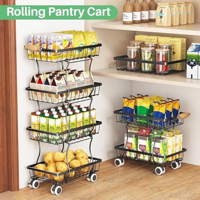 Fruit Basket Kitchen Pantry Organizers and Storage - 4 Tier Stackable Metal Wire Basket Stand for Fruit Vegetable Snacks Jars Bins Containers Organization, Black-R5zv4MQz