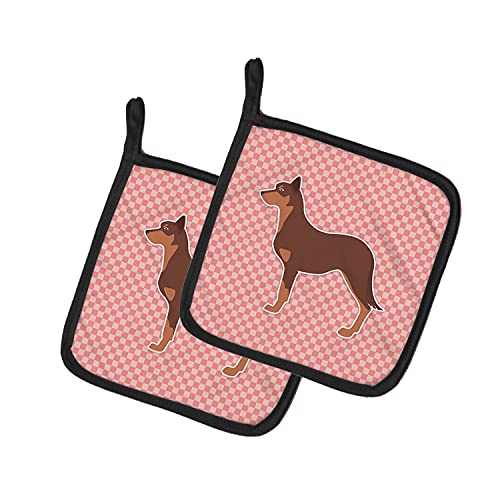 Caroline's Treasures BB3629PTHD Australian Kelpie Dog Checkerboard Pink Pair of Pot Holders Kitchen Heat Resistant Pot Holders Sets Oven Hot Pads for Cooking Baking BBQ, 7 1/2 x 7 1/2