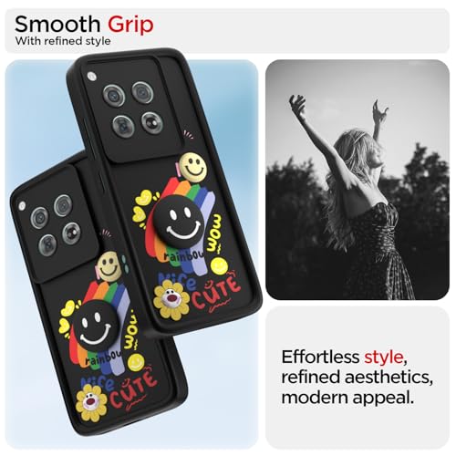 Image of Pikkme Back Cover for OnePlus 12 5G | Soft Silicone| Cute Rainbow Smile & 3D Cartoon Flower Design | Shockproof Raised Camera Protection Bumper Case (Black)
