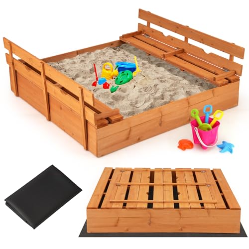 COSTWAY Arenero de Madera con Bancos Plegables para Niños 18+ Meses