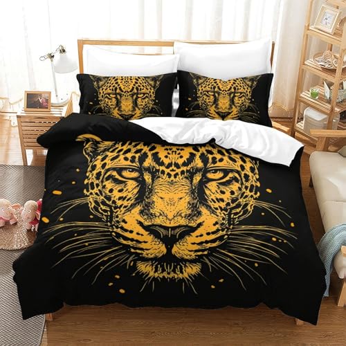 Housse de couette léopard 3D 200x200 cm avec taie d'oreiller pour lit double ado