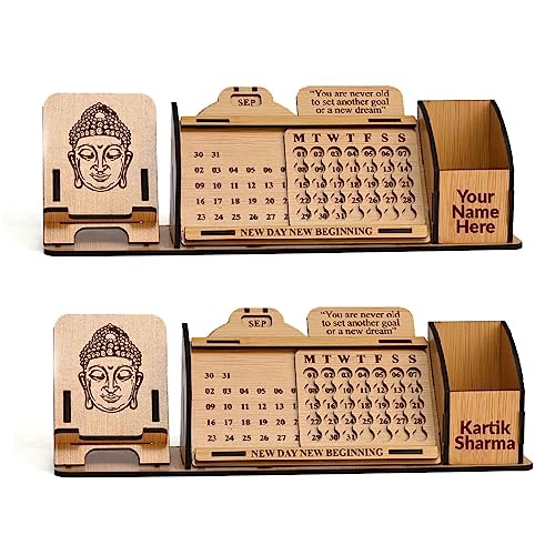 Image of GKD Desk Calendar 2026 Lifetime Infinite Perpetual Wooden Table Calendar with Mobile Stand & Pen Holder | Desk Organizer for Office, Home, New Year Gifts & Corporate Gifts | Customizable