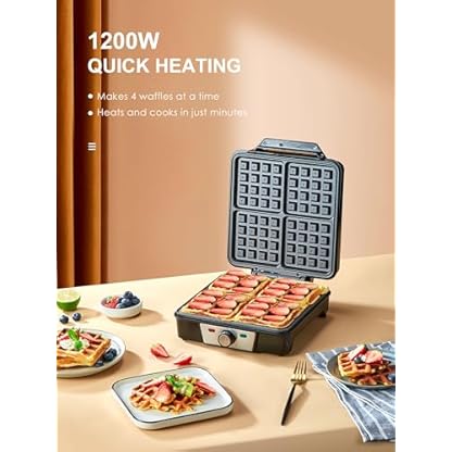 Reemix Waffeleisen für 4 belgische Waffeln, 1200 W Waffel Elektrisch mit Antihaftbeschichtete Platten, Einstellbare Temperatur und Leichte Reinigung, Edelstahl – Bild 5