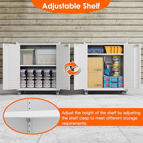 Image of Aobabo Metal Garage Storage Cabinet on Wheels,2 Doors Storage Cabinet with Wheels for Garage,Assembly Required,White
