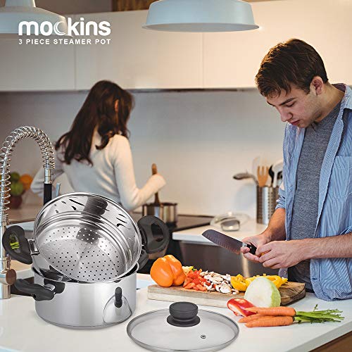 image for mockins 3 Piece Premium Heavy Duty Stainless Steel Steamer Pot Set Inc