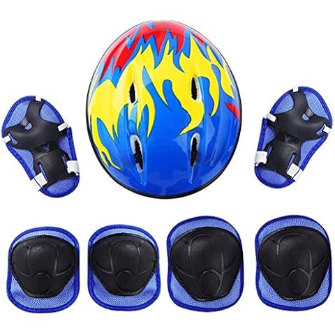 7Pcs Kids Bike Helmet Toddler Helmet, Skateboard Protective Gear Set, Kids Skateboard Helmet Knee Pads Elbow Pads Wrist Pads for Roller Scooter Cycling Skating - Blue (Age 3-15 Years) Cover