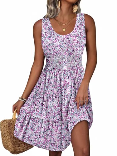 Image of Summer Dresses for Women Casual Sleeveless Sundresses Elastic Waist Mini Sun Dress