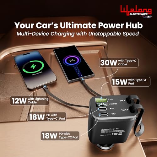 Image of Lifelong Electronics 5-in-1 Car Charger Adapter | 2 Retractable Cables (Type-C & Lightning) + 3 Ports (USB A + 2 Type C) | LED Display | Flexible Head | Charging for iPhone, Android & All Devices