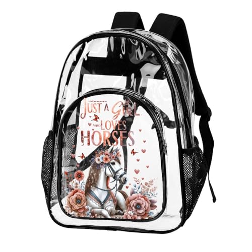 Horse Clear Backpack Heavy Duty for Girls Kids Boys Women Men - Large Cute PVC Horses Theme Printing Transparent Backpacks for Schools Stadium Concerts Work - Clear/Black2