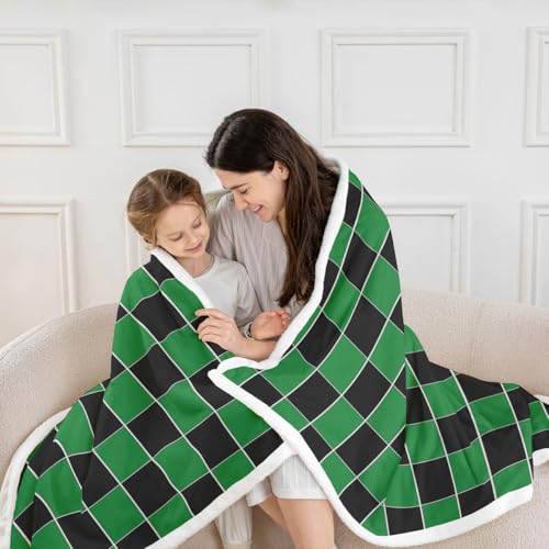 Image of Erosebridal Plaid Fuzzy Plush Throw Green Black Checkerboard Fleece Blanket Geometric Checkered Sherpa Blanket for Kids Boys Girls,Aesthetic Grids Decor for Bed Couch Queen 90 inchx90 inch