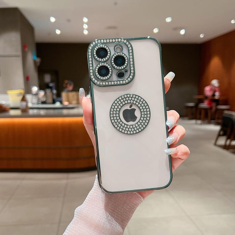 Image of LuxuryKase Sparkling Crystal Clear Case for iPhone 16 Pro | Logo Cut | Soft Protective TPU Case | Diamond Camera Lens Protector - Green