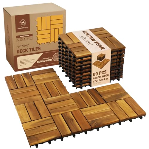 Premium Acacia Wood Interlocking Deck Tiles, 9 PCS 12'x12'x0.9' Patio Flooring, Outdoor Waterproof Decking Tiles for Balcony, Backyard & Patio, All Weather Use (Golden Teak - Crossed Pattern)