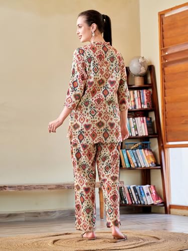 Image of Cotton Relaxed Fit Shirt & Trouser Co-Ord Set for Women |Front Openable Button and 3 /4 Sleeve Shirt |Two Pockets and Elasticated Waist Trouser | Casual Wear and Everyday Wear