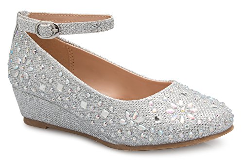 Olivia K Girl's Low Wedge Heel Ankle Strap Sparkly Rhinestone Shoes (Toddler/Little Girl), Silver 3