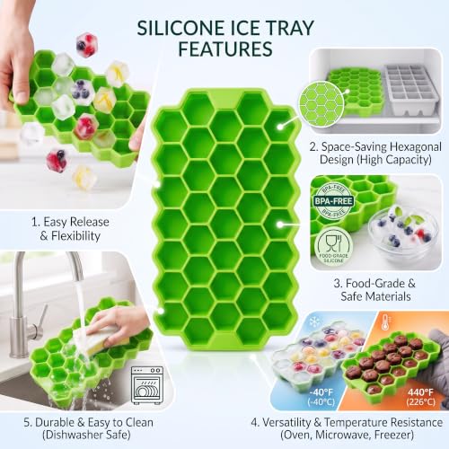 Image of SIMEVIX Silicone Ice Cube Tray Hexagonal Mold, BPA-Free Food-Grade Silicone, Easy Release Flexible Ice Maker, Stackable Space-Saving Design (No of Packs - 4 Trays) (148 Ice Cubes)