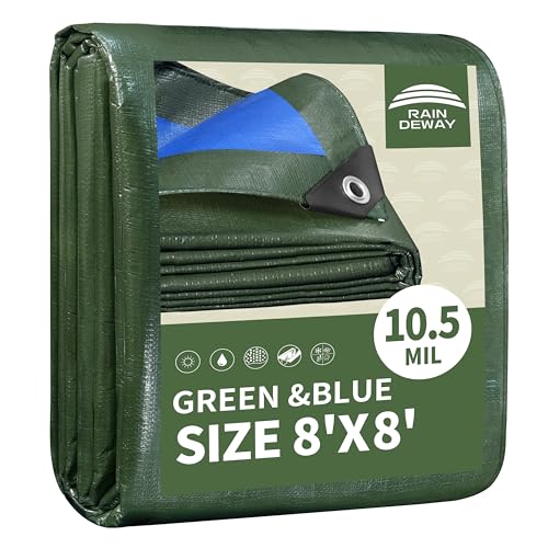 RAINDEWAY 8x8 Feet Tarps Heavy Duty Waterproof 10.5 Mil Outdoors Small Tarps Multipurpose Poly Tarp Cover with Metal Grommets and Reinforced Edges for Camping Tent Firewood Car Green/Blue