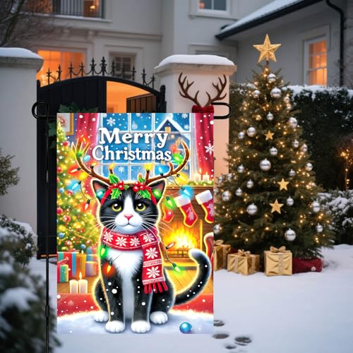 Image of BlissYard Christmas Garden Flag 12x18 Inch Cat Antlers Lights Yard Decor | Double sided polyester, cat with antlers and lights design, cat lover decor for Christmas porch and yard