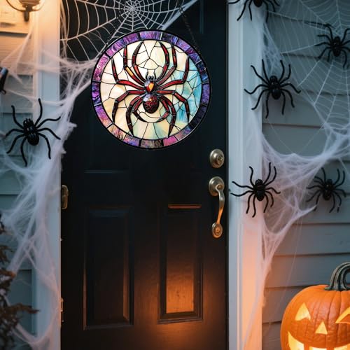 Image of Stained Glass Window Hanging - Halloween Decorations Red Spider Goth Suncatcher for Doors Garden Indoor Funny Spooky Sun Catchers Gothic Decor Horror Gifts for Women Men Friend 7.8 in