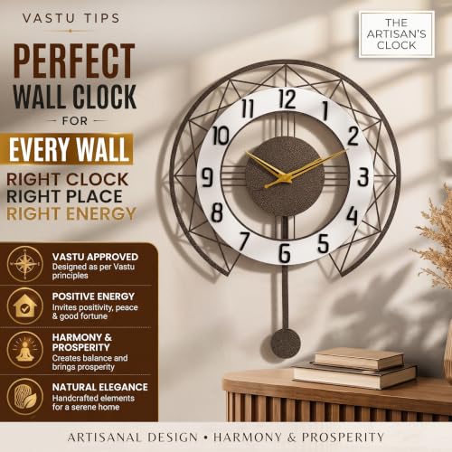 Image of Decorative Metal Wall Clock with Pendulum for Living Room | Modern Stylish Wall Clock for Bedroom, Hall, Office & Home Decor | Luxury Analog Wall Clock (Antique Gold 40 cm)