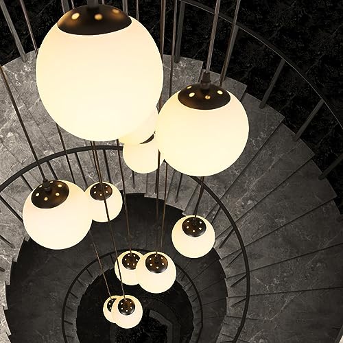 Chandelier long en verre bulle blanc lait à 9 lumières pour grand salon