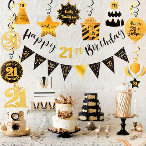 Image of Black Gold 21st Birthday Decorations for Him Happy 21st Banner and Swirls, Pre-Strung Party Supplies for 21 Year Old Party Decorations