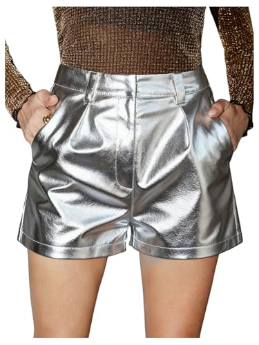 WDIRARA Womens Metallic Faux Leather Shorts High Waisted Rave Shorts with Pockets Silver Small