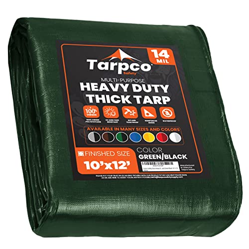Image of Extra Heavy Duty 14 Mil Tarp Cover, Waterproof, UV Resistant, Rip and Tear Proof, Poly Tarpaulin with Reinforced Edges for Roof, Camping, Patio, Pool, Boat (Green /Black 10′ X 12′)