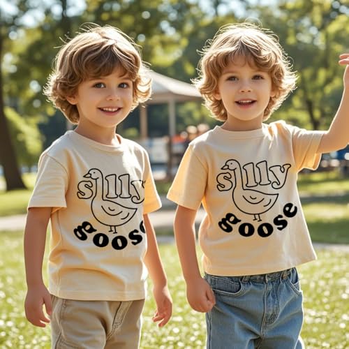 Image of Kids Short Sleeve Tees Toddler Crewneck T-Shirts Boys Girls Dino Raccoon Excavator Silly Goose Flower Girl Tops 2-7 Years
