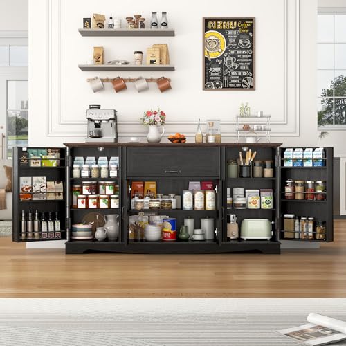 65\" Sideboard Buffet Cabinet with Storage, Farmhouse Kitchen Pantries Sideboard Cabinets with Drawer, Wood Coffee Bar Cabinet with Adjustable Shelves, Storage Cabinets for Kitchen, Black