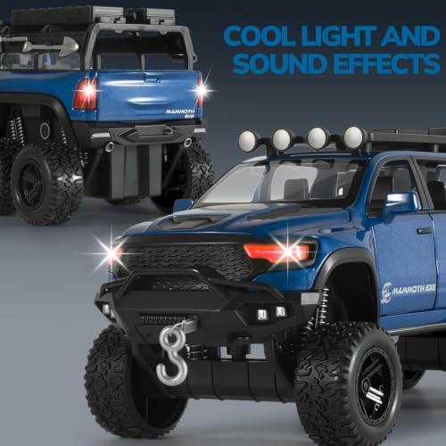 Image of RAM Mammoth Pick-Up Model Car 1:32 Exclusive Alloy Metal Pull Back Die-cast Car Die-cast Metal Pullback Toy car with Openable Doors & Light Music, Blue Six Wheel