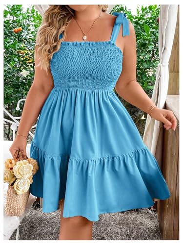 Image of Floerns Women's Plus Size Summer Knot Tie Shoulder Ruffle Straps Flounce Flowy Smocked Sundress Shorts Dress
