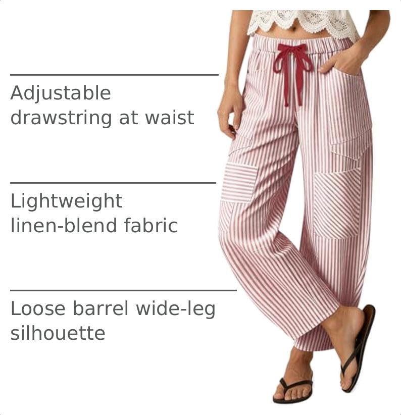 Image of TARSE Womens Striped Linen Barrel Pants with Pockets Y2k Patchwork
