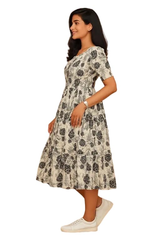 Image of Women's Round Neck Floral Block Printed Elbow Sleeves Front Button Detailing Layered and Tiered Hem Kurti Gown