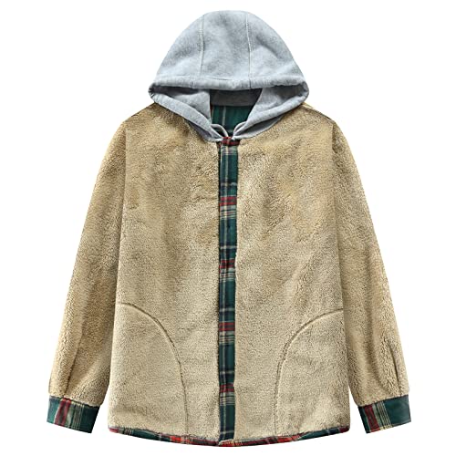 Image of Men's Cotton Plaid Shirt Jacket Fleece Flannel Sherpa Button Down