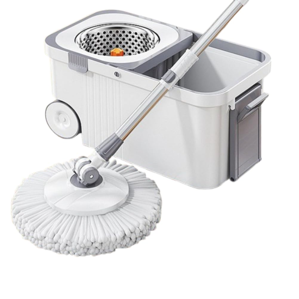 Sistema de Limpieza de Suelos Giratorio 360, fregona giratoria y Cubo con Juego de escurridor, 2 recambios de Cabezales de Microfibra, fregona para Limpieza del hogar, A