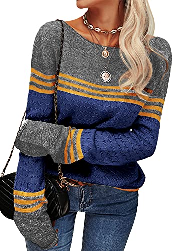 Image of Grlasen Women Fashion Autumn Winter Colorblock Pullover Knitting Sweater Round Neck Knitwear Tops