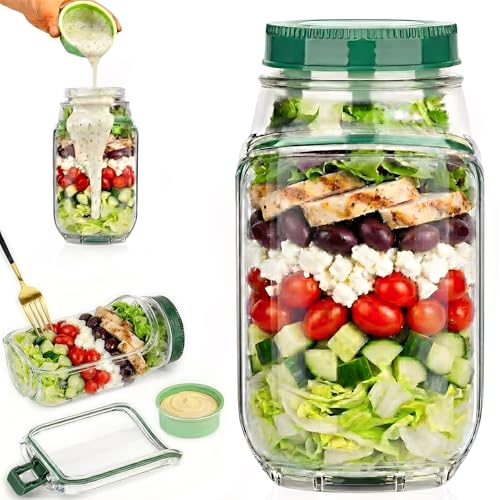Elprico Pot à Salade Mason à Ouverture Latérale, Bocaux à Salade en Verre avec Couvercles, Séparation Humide/sec pour Vinaigrette et Ingrédients Secs, Récipient à Réutilisable