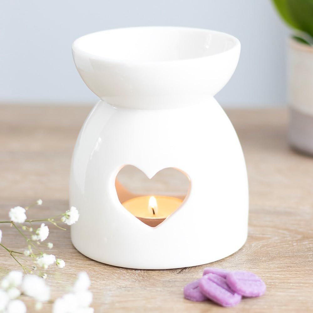Ceramic White Heart Oil Burner – Essential Oil Wax Aroma Diffuser with Tealight Candle Holder, Home Decor Aroma Gift Lamp, for Women Men
