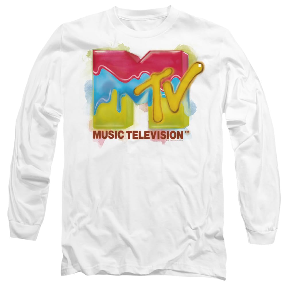 MTV Paint Logo Mens Long Sleeve T Shirt, White, Medium