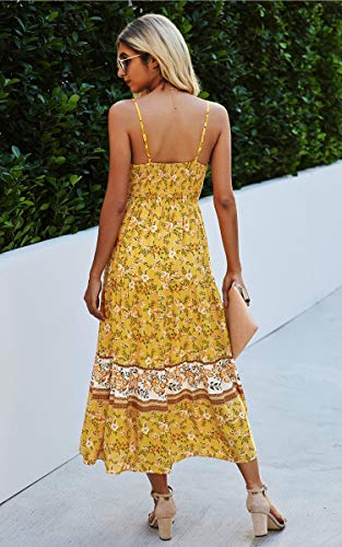 Image of Angashion Women's Dresses Floral Adjustable Spaghetti Strap V Neck Boho Long Maxi Dress Summer Beach Flowy Ethnic Sundress