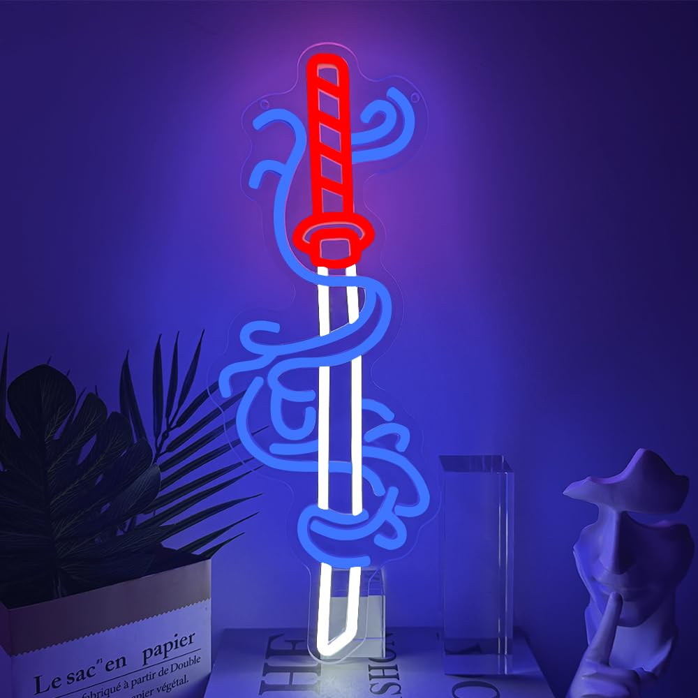 Insegna al neon con spada, anime samurai giapponesi, per adolescenti, decorazione per stanza dei giochi, luce per camera da letto, decorazione da parete, alimentata tramite USB, per ragazzi e