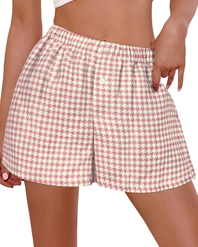 Image of Women Boxer Shorts Summer Gingham Pj Casual Plaid Bottoms with Pocket