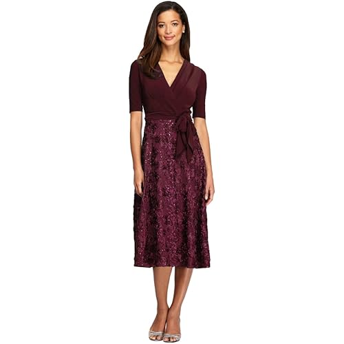 Alex Evenings Women's Tea Length Dress with Rosette Detail