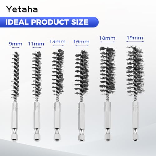 Image of Yetaha 6Pcs 304 Stainless Steel Copper Tube Pipe Cleaner, 50mm 1 /2 inch 3 /4 inch 1 inch Pipe Cleaning Brush Set, 1 /4 Inch Hex Shank S2 Steel Handle for Power Drill Plumbing Tools (Black, Mixed Package)