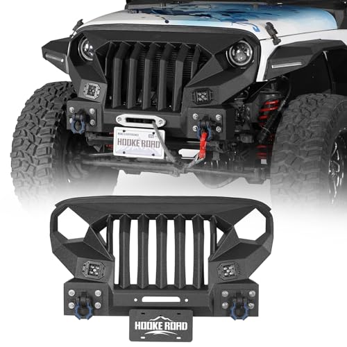 Image of Hooke Road JK Mad Max Front Bumper Grill for 2007-2018 Jeep Wrangler JK & Unlimited 2 /4 Doors, Rock Crawler Offroad Bumper with Winch Plate, LED Lights