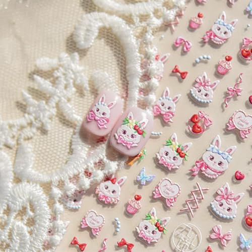 Image of Easter Nail Art Stickers Rabbit Nail Decals Cute Cartoon Nail Stickers for Nails Art Self Adhesive 5D Embossed with Design Bow Nails Charm for Women Girls Kid DIY Manicure Supplies Decoration